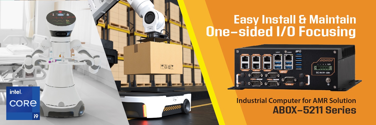 ABOX-5211 Edge AI GPU computer with 10th Gen Intel Core i9 and One-sided I/O Focusing for AMR and smart logistics.