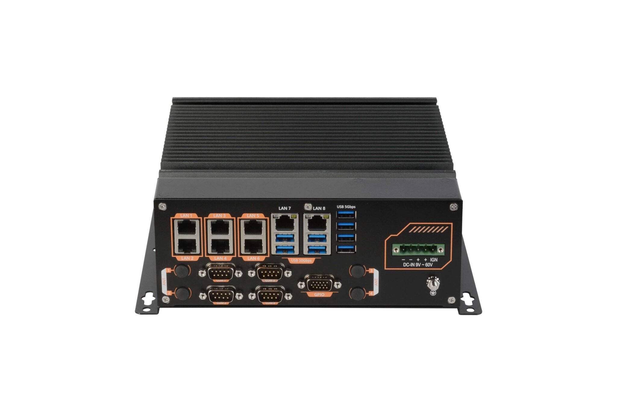 Close-up of ABOX-5211 One-sided I/O featuring 8 x GbE ports and USB 3.2 10Gbps for easy industrial maintenance.