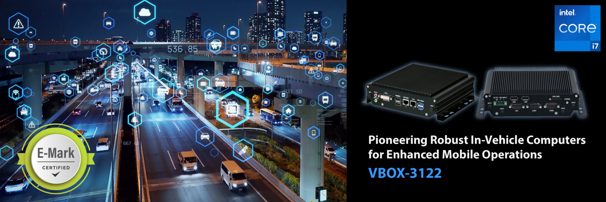 High-performance Intel Core i7 In-Vehicle Computer VBOX-3122 for Public Safety, Logistics, and Transportation applications.