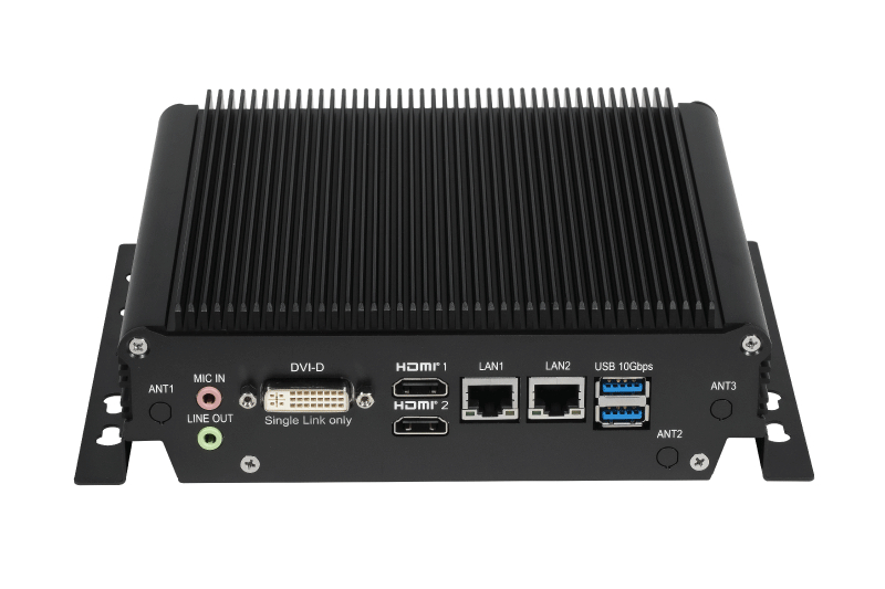 Rugged fanless industrial PC VBOX-3123-R2312 featuring AMD Radeon graphics and ECC support for reliable in-vehicle performance.