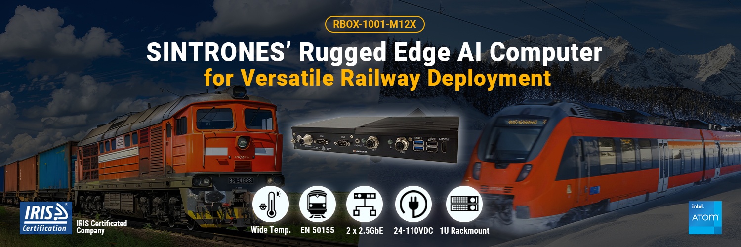SINTRONES RBOX-1001-M12X EN 50155 certified railway computer with 1U rackmount PC design for mission-critical rolling stock infrastructure.