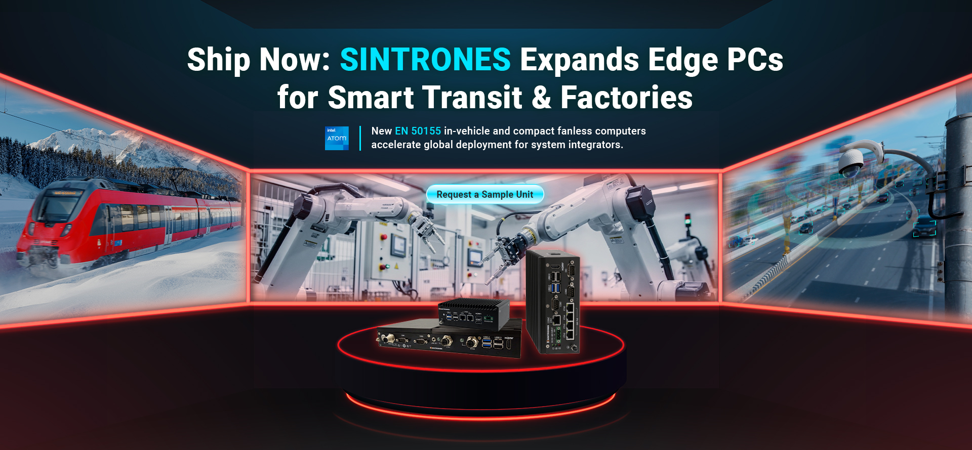 SINTRONES edge computer lineup VBOX-3132, SBOX-2625, and RBOX-1001-M12X for intelligent transit and smart factory automation.