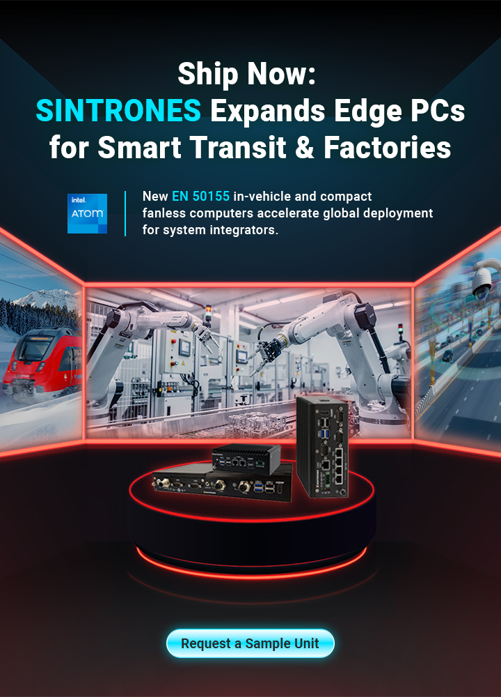 SINTRONES edge computer lineup VBOX-3132, SBOX-2625, and RBOX-1001-M12X for intelligent transit and smart factory automation.