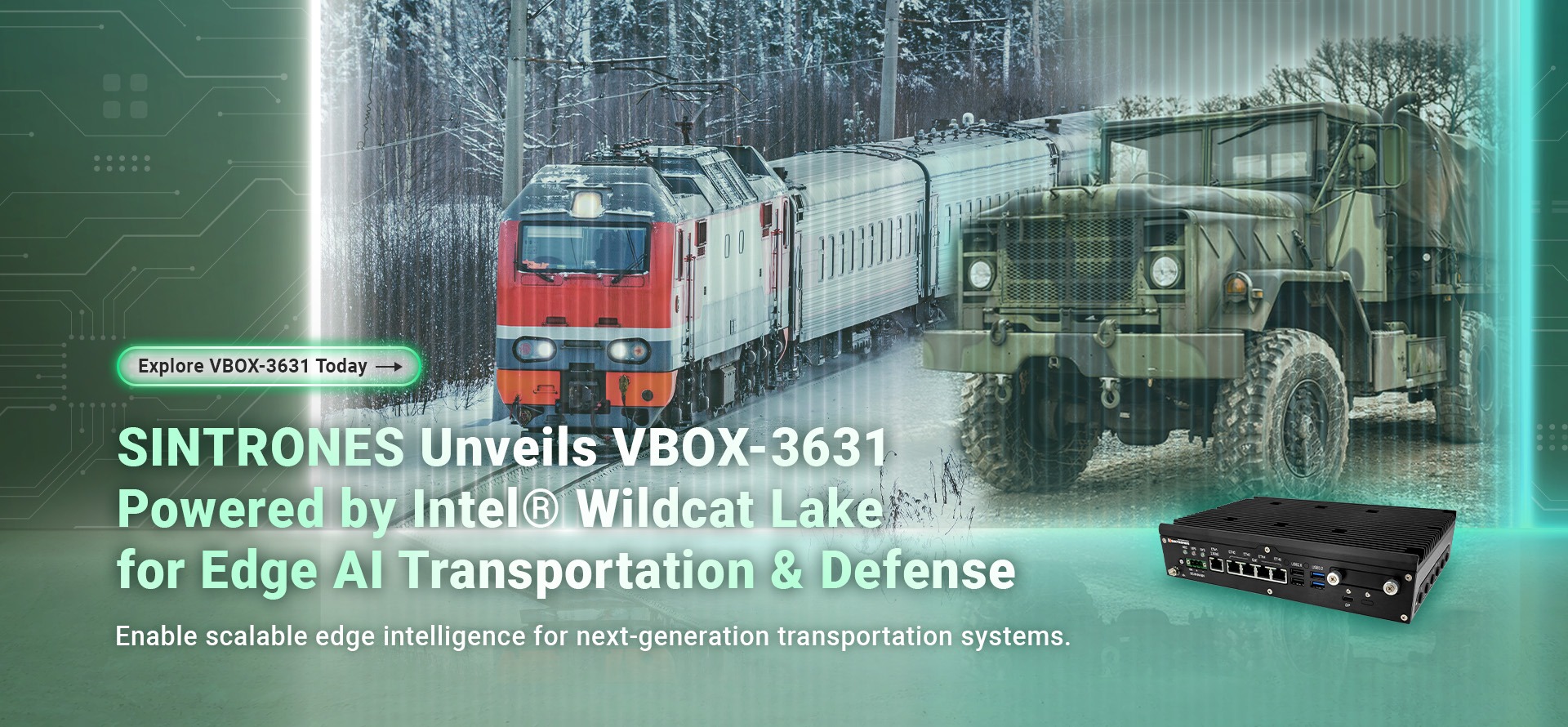 SINTRONES VBOX-3631 fanless in-vehicle computer powered by Intel Wildcat Lake processors with built-in NPU for smart mobility and rugged edge AI computing applications.