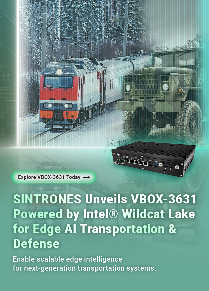 SINTRONES VBOX-3631 fanless in-vehicle computer powered by Intel Wildcat Lake processors with built-in NPU for smart mobility and rugged edge AI computing applications.