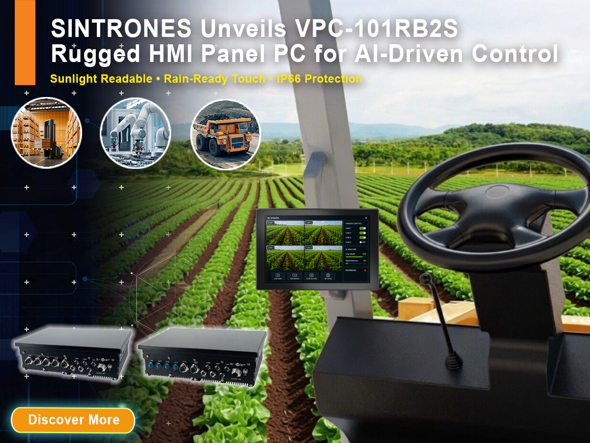 Rugged HMI panel PC installed in a smart farming vehicle, displaying AI-powered crop detection and multi-camera monitoring for precision agriculture.